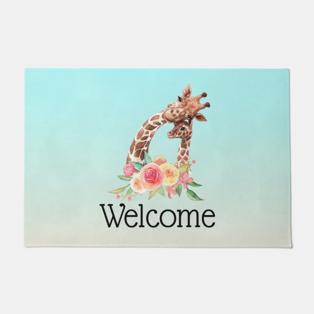 Cute Giraffe Waterverf Mam & Baby Welkom Deurmat (Voorkant)