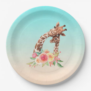Cute Giraffe Waterverf Mam en Baby Papieren Bordje