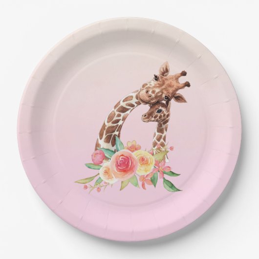 Cute Giraffe Waterverf Mam en Baby Papieren Bordje (Voorkant)