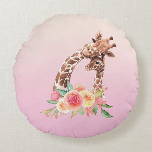 Cute Giraffe Waterverf Mam en Baby Rond Kussen (Voorkant)