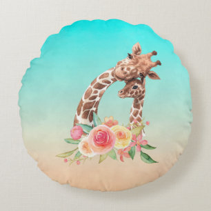 Cute Giraffe Waterverf Mam en Baby Rond Kussen