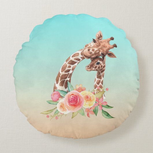 Cute Giraffe Waterverf Mam en Baby Rond Kussen (Voorkant)