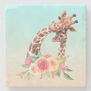 Cute Giraffe Waterverf Mam en Baby Stenen Onderzetter