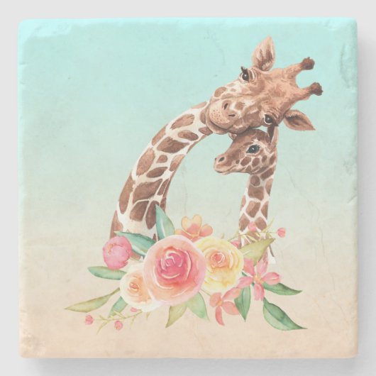 Cute Giraffe Waterverf Mam en Baby Stenen Onderzetter (Voorkant)