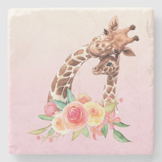 Cute Giraffe Waterverf Mam en Baby Stenen Onderzetter (Voorkant)