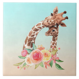 Cute Giraffe Waterverf Mam en Baby Tegeltje