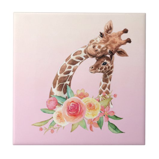 Cute Giraffe Waterverf Mam en Baby Tegeltje (Voorkant)