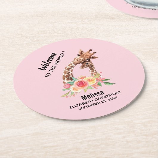 Cute Giraffe Waterverf Mam & New Baby Ronde Kartonnen Onderzetter (Gebogen)