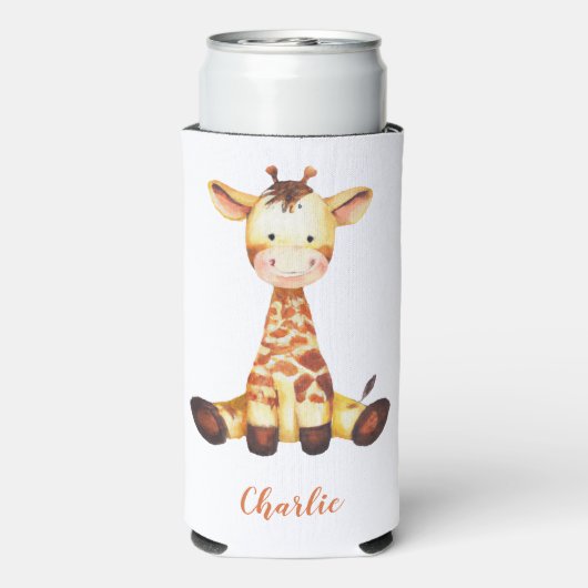 Cute Giraffe Waterverf Oranje Script Custom Name Seltzer Blikjeskoeler (Seltzer Achterkant)