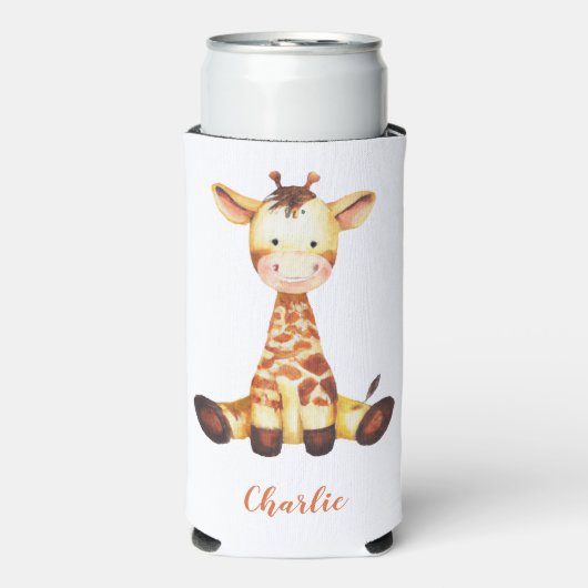 Cute Giraffe Waterverf Oranje Script Custom Name Seltzer Blikjeskoeler (Seltzer Voorkant)