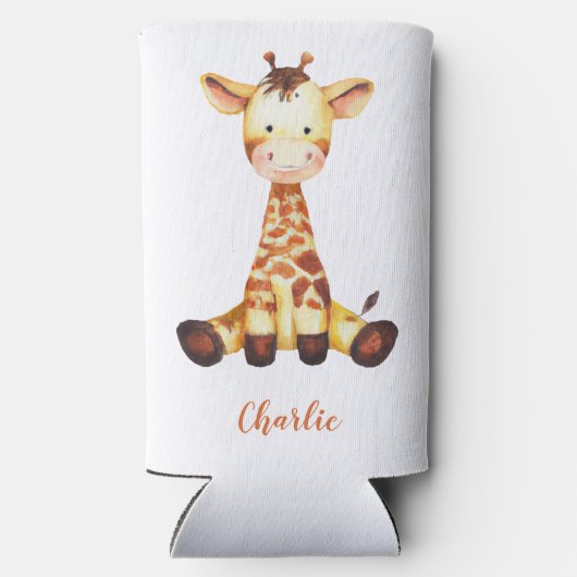 Cute Giraffe Waterverf Oranje Script Custom Name Seltzer Blikjeskoeler (Achterkant)