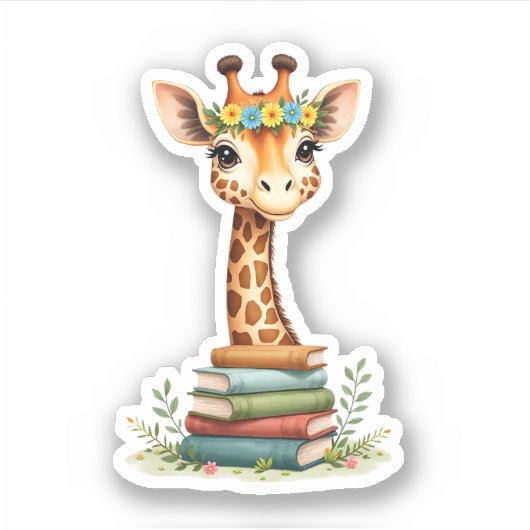 Cute Giraffe With Book Floral Bookworm Librarian B Sticker (Voorkant)