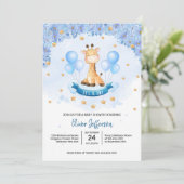 Cute giraffe wolken in sky blue flower baby kaart (Staand voorkant)