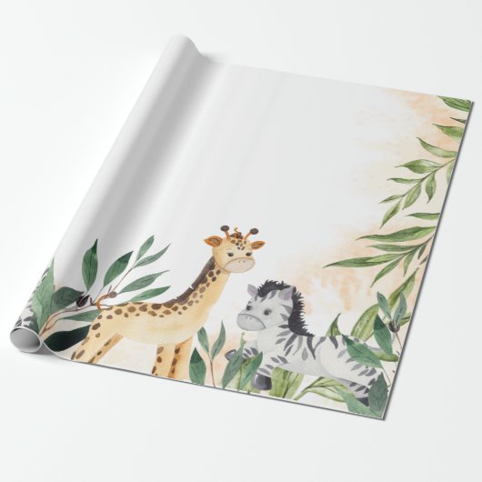 Cute Giraffe, Zebra Leaves Baby shower Cadeaupapier (Uitgerold)