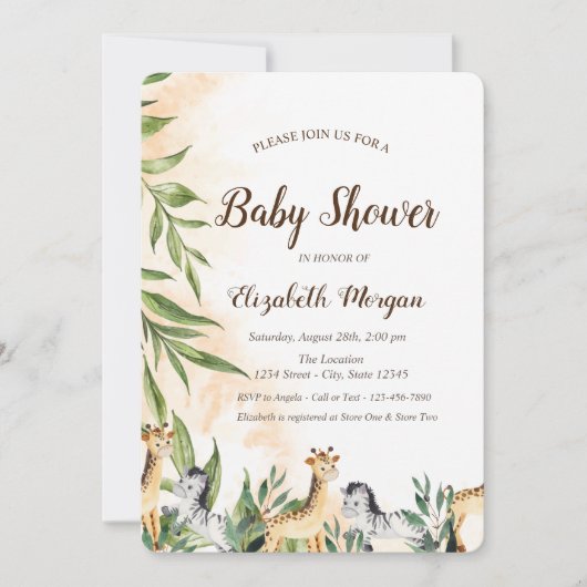 Cute Giraffe, Zebra Leaves Baby shower Kaart (Voorkant)