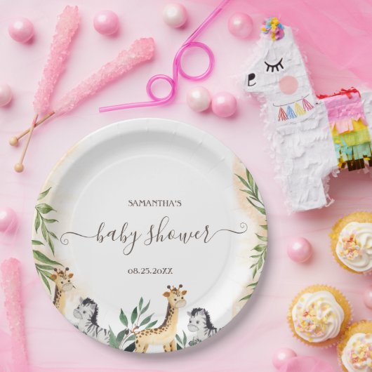 Cute Giraffe, Zebra Leaves Baby shower Papieren Bordje (Feest)