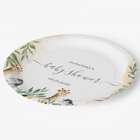 Cute Giraffe, Zebra Leaves Baby shower Papieren Bordje (Gekanteld)