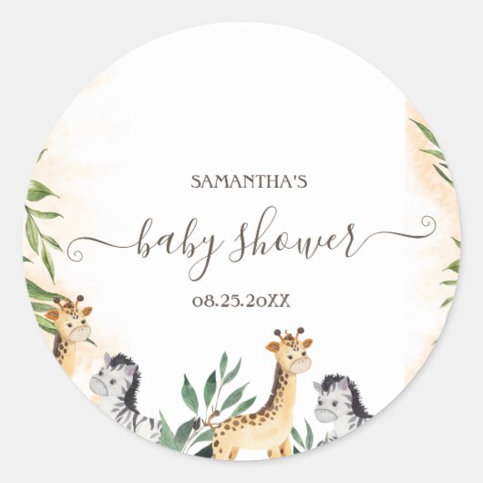 Cute Giraffe, Zebra Leaves Baby shower Ronde Sticker (Voorkant)