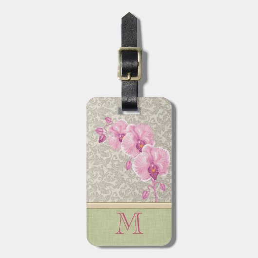 Cute girale elegant damask orchid monogram bagagelabel (Voorkant verticaal)