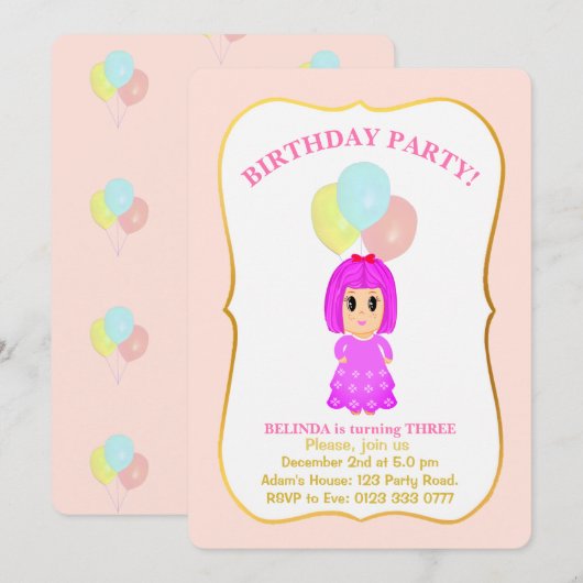 Cute Girl 3rd Birthday Invitation Kaart (Voorkant / Achterkant)