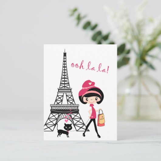 Cute Girl and Cat in Paris Eiffel Tower Briefkaart (Staand voorkant)