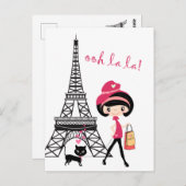 Cute Girl and Cat in Paris Eiffel Tower Briefkaart (Voorkant / Achterkant)