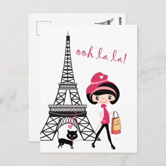Cute Girl and Cat in Paris Eiffel Tower Briefkaart (Voorkant / Achterkant)