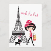Cute Girl and Cat in Paris Eiffel Tower Briefkaart (Voorkant)