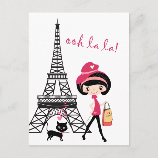 Cute Girl and Cat in Paris Eiffel Tower Briefkaart (Voorkant)
