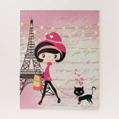 Cute Girl and Cat in Paris Eiffel Tower Legpuzzel (Verticaal)