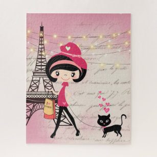 Cute Girl and Cat in Paris Eiffel Tower Legpuzzel