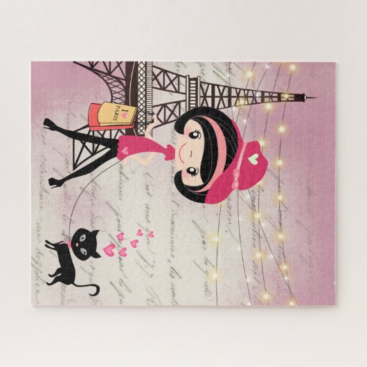 Cute Girl and Cat in Paris Eiffel Tower Legpuzzel (Horizontaal)