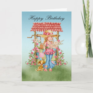 Cute Girl and Wishing Well Birthday Card - Happy B Kaart