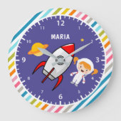 Cute Girl Astronaut Buitenspace Rocket Kinder Room Grote Klok (Voorkant)