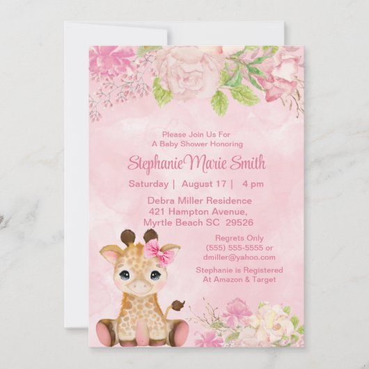 Cute Girl Baby Giraffe Pink Floral Baby shower Kaart (Voorkant)
