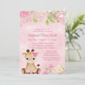 Cute Girl Baby Giraffe Pink Floral Baby shower Kaart (Staand voorkant)
