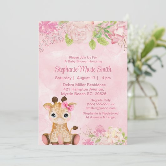 Cute Girl Baby Giraffe Pink Floral Baby shower Kaart (Staand voorkant)
