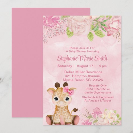 Cute Girl Baby Giraffe Pink Floral Baby shower Kaart (Voorkant / Achterkant)