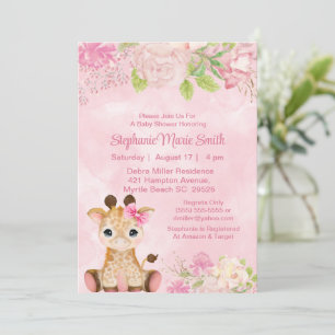 Cute Girl Baby Giraffe Pink Floral Baby shower Kaart