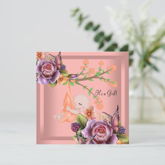 Cute Girl Baby shower Girl Coral Peach Kaart (Staand voorkant)