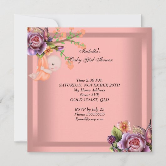 Cute Girl Baby shower Girl Coral Peach Kaart (Achterkant)