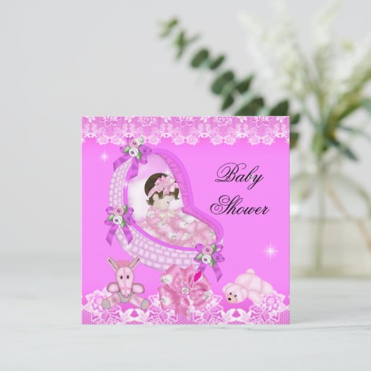 Cute Girl Baby shower Party Pink White Lace Kaart (Staand voorkant)