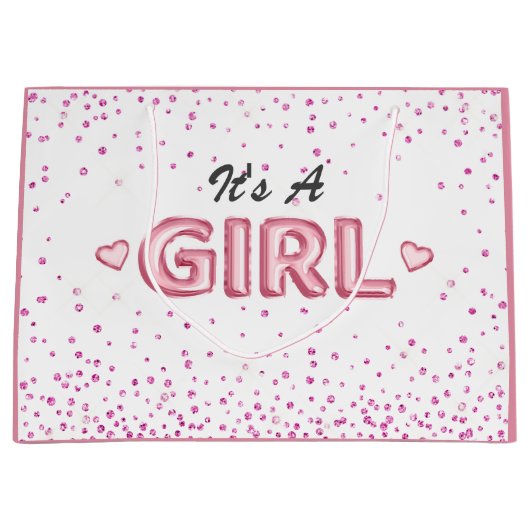Cute girl baby shower roze witte glitter hart groot cadeauzakje (Voorkant)