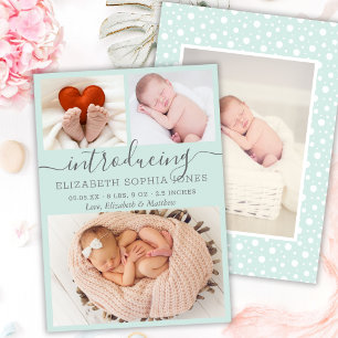 Cute Girl Birth Announcement Aqua Photo Collage Aankondiging