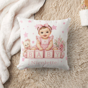 Cute Girl Block Baby Shower Naam Kussen