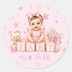 Cute Girl Blok Baby Shower Ronde Sticker