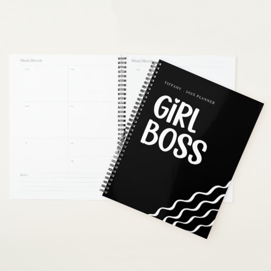 Cute Girl Boss Black and White Monogram Year Planner (Display)