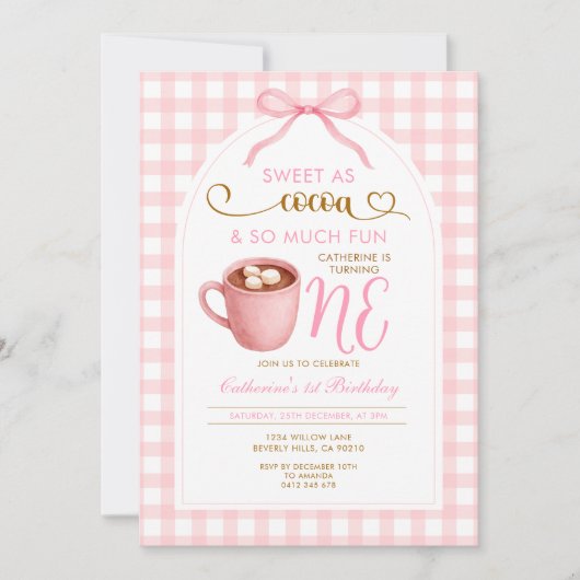 Cute Girl Bow Hot Cocoa 1st birthday Pink Gingham Kaart (Voorkant)