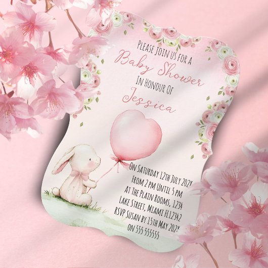 Cute Girl Bunny Baby Shower Invitation Kaart