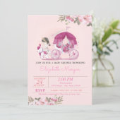 Cute Girl, Carriage, Floral Baby shower Kaart (Staand voorkant)